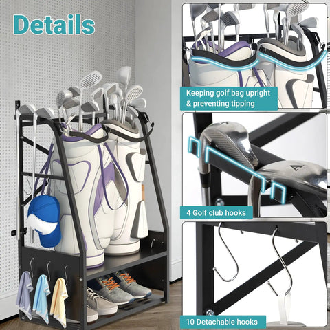 Two Bag Golf Bag Organizer Wall Mount Or Freestanding With Four Club Racks Ten Hooks And Storage Shelf Adjustable Feet