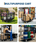Heavy Duty Platform Cart With Detachable Cage 39 By 24 Inch Hand Truck, 2000 Lbs Capacity, Multi Functional Cage Cart For Warehouse And Luggage Moving, Foldable Fence Design For Easy Storage And Boss Level Versatility, black metal cart with boxes in warehouse