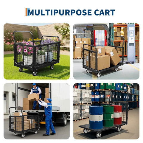 Heavy Duty Platform Cart With Detachable Cage 39 By 24 Inch Hand Truck, 2000 Lbs Capacity, Multi Functional Cage Cart For Warehouse And Luggage Moving, Foldable Fence Design For Easy Storage And Boss Level Versatility, black metal cart with boxes in warehouse