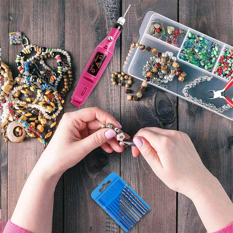 Craft workspace with Electric Corded Hand Drill Kit With Pin Vise Set Pro Grade 17 Drill Bits 10 Collets 200 Screw Eye Pins