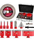 Diamond tile hole saw kit, 13pcs; 6/6/8/20/35/50/75/100 mm saws, milling and chamfer bits, SDS/Hex, 115 mm blade in case