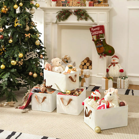 Collapsible Closet Storage Baskets With Metal Frame For Upright Shelves, Large Linen Look Fabric Organizer Bins For Clothes, 4 Pack filled with toys by a Christmas tree