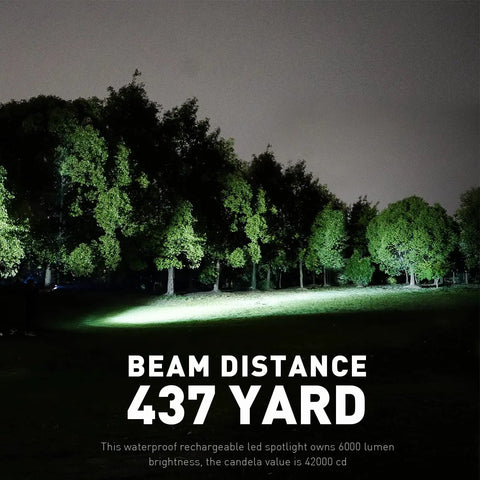 Beam of Beast Mode Rechargeable LED Spotlight Portable Handheld Searchlight 6000 Lumens illuminating trees at 437 yards