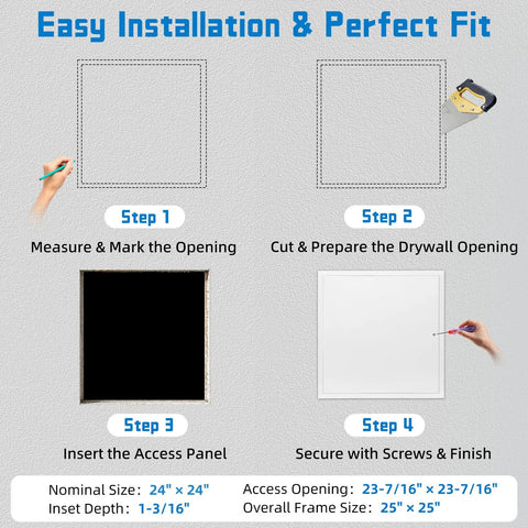 Step-by-step guide for installing Heavy Duty 24 X 24 Metal Access Panel For Drywall Wall And Ceiling Openings.