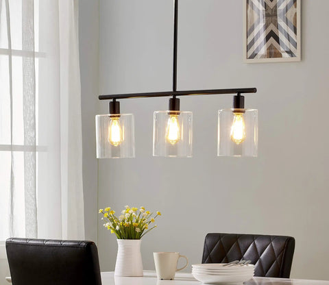 Dining room with Rustic Industrial 3 Light Pendant With Glass Shades Black Finish Modern Yet Vintage Farmhouse Style