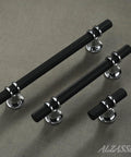 Set Of 10 Matte Black And Silver Cabinet Pulls 3 Inch 76mm Hole Centers Knurled Cabinet Handles displayed on textured surface