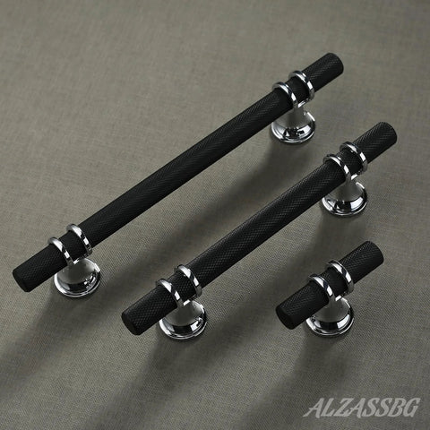 Set Of 10 Matte Black And Silver Cabinet Pulls 3 Inch 76mm Hole Centers Knurled Cabinet Handles displayed on textured surface