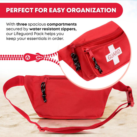 Red first aid fanny pack with whistle and three water-resistant zippered compartments for beach and pool use.