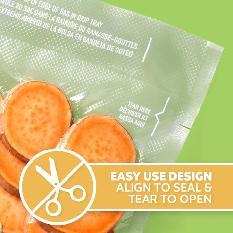 Quart Pre Cut Vacuum Seal Bags Easy To Use Align To Seal And Tear To Open Leakproof Vacuum Sealer Storage Bags 43 Pack shown with sweet potatoes