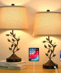 3 Way Dimmable Touch Table Lamps Set Of 2 For Living Room And Bedroom With USB Charging Ports Bedside Nightstand Reading Lamps Vintage Vine Design Bulbs Included Retro End Table Office Lighting with cream shades and vine motif