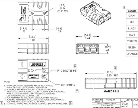 Technical diagram of SB50 Connector Kit 50 Amps 36V Gray Housing With 6 AWG Leads showing dimensions and components details.