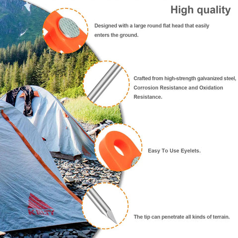 Beefy Heavy Duty Camping Tent Stakes 12 Pack With 7.1 Inch Rust Resistant Metal Pegs And Orange Rubber Sleeves for easy insertion