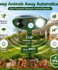 4 Pack Solar Ultrasonic Animal Deterrents With PIR Motion Sensor, Waterproof Outdoor Yard Deterrents For Deer, Raccoons, Squirrels, Cats, Rabbits, Skunks And Foxes That Scare Off Pests With LED Alerts No Fuss Setup. Green solar ultrasonic repeller with PIR motion detection and 110° coverage in yard.