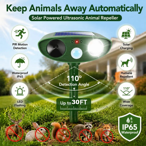 4 Pack Solar Ultrasonic Animal Deterrents With PIR Motion Sensor, Waterproof Outdoor Yard Deterrents For Deer, Raccoons, Squirrels, Cats, Rabbits, Skunks And Foxes That Scare Off Pests With LED Alerts No Fuss Setup. Green solar ultrasonic repeller with PIR motion detection and 110° coverage in yard.