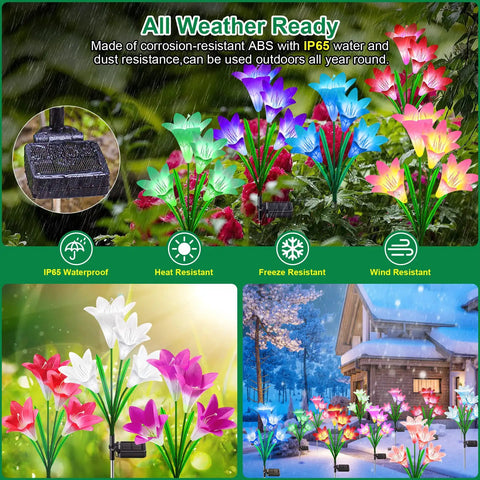 Lit Seven Color Changing Solar Lily Garden Lights with 24 LED Petals showcasing vibrant blooms and IP65 waterproof feature outdoors.