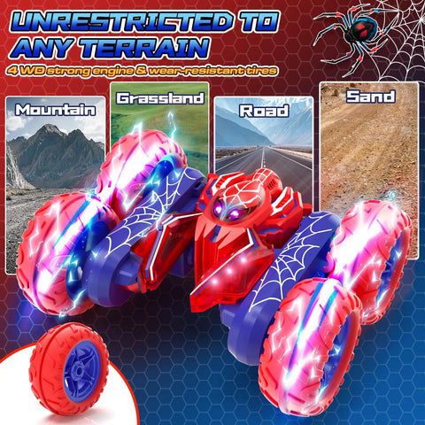 Rad Durable Remote Control Car For Kids Ages 4 To 12 360 Degree Spin RC Stunt Car with LED lights on varied terrains.