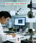 Lab technician conducting strength test 950cN on Black Embroidery Thread Set 40WT Six Big Spools 1000 M Each 6000 M Total Polyester