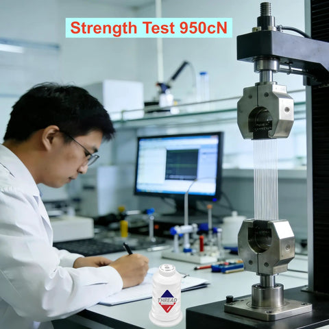 Lab technician conducting strength test 950cN on Black Embroidery Thread Set 40WT Six Big Spools 1000 M Each 6000 M Total Polyester