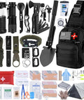 Survival kit with black MOLLE tactical bag and 250-piece tools including first aid supplies and camping gear