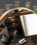 Celestial Moon Ocean Beach Notebook Journal For Women on desk with accessories, spiral-bound, 5.5x8.3 inches, lined pages