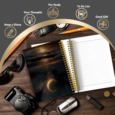 Celestial Moon Ocean Beach Notebook Journal For Women on desk with accessories, spiral-bound, 5.5x8.3 inches, lined pages