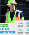 Worker wearing safety gear uses Four Gas Monitor With Color Display And USA NIST Calibration Certificate for O2 CO H2S LEL detection