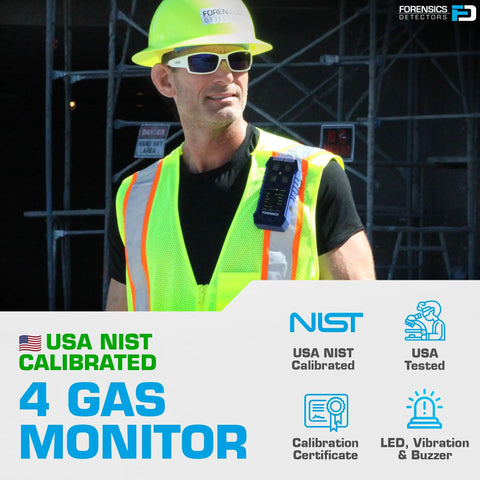 Worker wearing safety gear uses Four Gas Monitor With Color Display And USA NIST Calibration Certificate for O2 CO H2S LEL detection