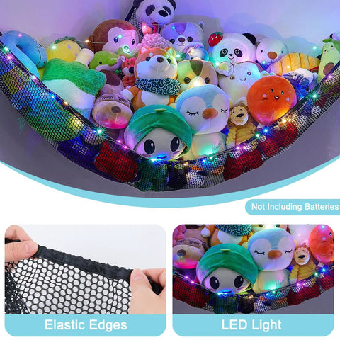 Cozy Plush Toy Hammock With LED Light Kid Friendly Net Storage Organizer holding stuffed animals with glowing lights