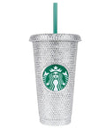 Rhinestone-covered insulated tumbler with a green straw, showcasing Liquid Fusion Heavy Duty Craft Glue for rhinestones and glitter application.