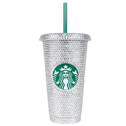 Rhinestone-covered insulated tumbler with a green straw, showcasing Liquid Fusion Heavy Duty Craft Glue for rhinestones and glitter application.