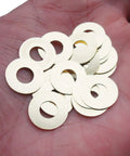20 Piece Brass Washer Set For EDC Pocket Knives Pivot Pins And Gaskets 0.3x14x6.2 mm Replacement Shim Cushion Ring displayed on hand