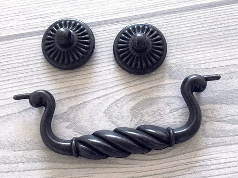 Vintage Black Bail Drawer Pull Four And A Quarter Inch Centers Drop Swing Dresser Cabinet Hardware Old School Retro Look Zinc Alloy