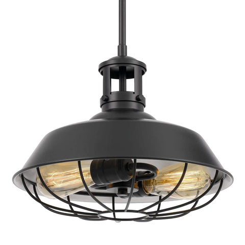 Industrial Two Light Pendant Lamp in Black Finish With Nautical Barn Wire Cage Shade, Vintage Rustic Hanging Light Fixture, 14 Inch Diameter