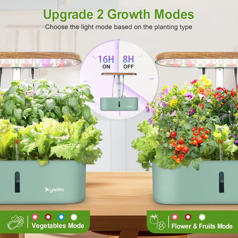 Indoor Hydroponic Garden System With 12 Pods And LED Grow Light, aeroponic kit showing vegetable and flower growth modes