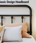 Super Heavy Duty Twin Metal Bed Frame With Vintage Victorian Headboard And Footboard In Matte Black Finish Built Like A Tank Zero Sag Quick Snap Assembly close-up of classic design headboard with pillows