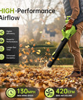 Person using Cordless Leaf Blower 21V Power With Two 4.0Ah Batteries And Fast Charger, Six Speed Settings in a leafy yard.
