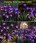 Purple Firefly Solar Lights Outdoor 2 Pack With 16 LEDs Waterproof Starburst Swaying Garden Path Lights at night in garden