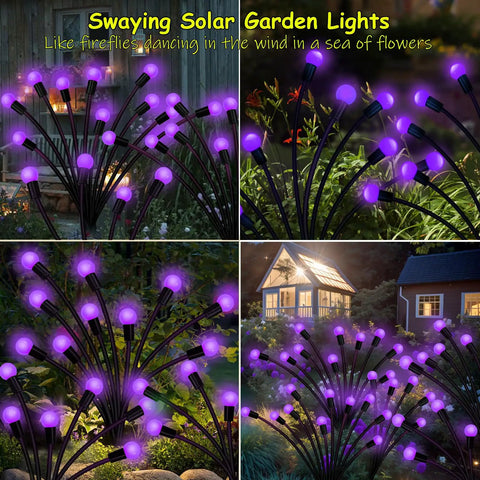 Purple Firefly Solar Lights Outdoor 2 Pack With 16 LEDs Waterproof Starburst Swaying Garden Path Lights at night in garden