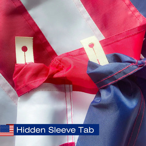 Close-up of USA Flag 2.5x4 Ft Pole Sleeve Banner Style With Embroidered Stars And Sewn Stripes Heavy Duty Durable Polyester hidden tab