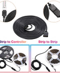 Six Piece 4 Pin RGB Extension Cable Set For LED Strip Lights Plug And Play With Twelve Male Pin Connectors Compatible With 5050 And 3528 RGB Strips Includes 1.6 Ft 3.3 Ft And 6.6 Ft Lengths Black shown with connection examples