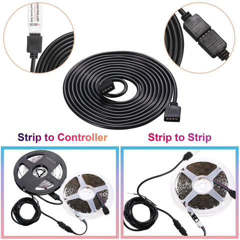Six Piece 4 Pin RGB Extension Cable Set For LED Strip Lights Plug And Play With Twelve Male Pin Connectors Compatible With 5050 And 3528 RGB Strips Includes 1.6 Ft 3.3 Ft And 6.6 Ft Lengths Black shown with connection examples