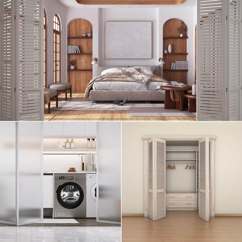 Bi-fold white doors in bedroom, kitchen, and closet settings showcasing design and functionality in home interiors