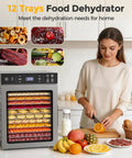 Hella Spacious 12 Tray Food Dehydrator With Stainless Steel Racks For Cranking Out Beef Jerky Dried Fruit Veggie Chips And Garden Herbs A Total Game Changer For Preserving Fresh Harvest Without The Hassle with displayed trays full of fruits, vegetables, and meats.