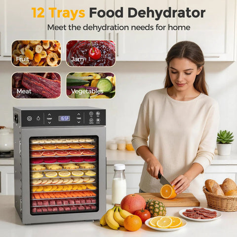 Hella Spacious 12 Tray Food Dehydrator With Stainless Steel Racks For Cranking Out Beef Jerky Dried Fruit Veggie Chips And Garden Herbs A Total Game Changer For Preserving Fresh Harvest Without The Hassle with displayed trays full of fruits, vegetables, and meats.