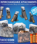 Dead On Coin Sorter And Counter Wrapper Machine With Rapid Sorting Functions, featuring attachments for coins and trays.