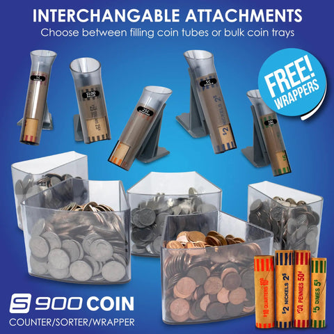 Dead On Coin Sorter And Counter Wrapper Machine With Rapid Sorting Functions, featuring attachments for coins and trays.