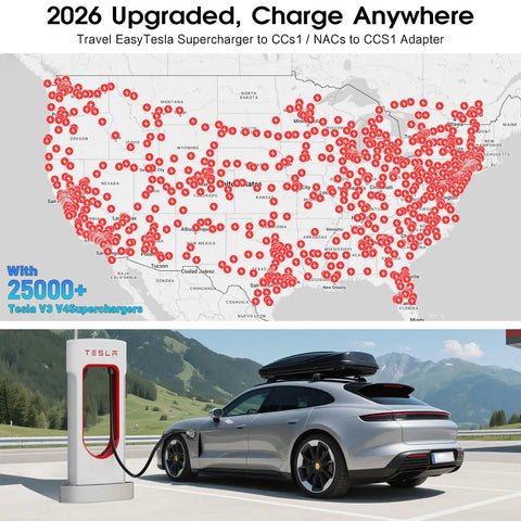 Upgraded NACS To CCS1 Charging Adapter For Tesla Supercharger with map of Tesla Supercharger locations and electric car charging.