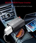 Hella Reliable 500W Power Inverter Converts DC 12V To AC 110V With dual USB ports charging a smartphone in a car console.