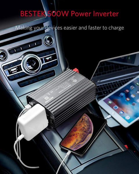 Hella Reliable 500W Power Inverter Converts DC 12V To AC 110V With dual USB ports charging a smartphone in a car console.