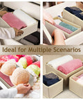 6 Piece Underwear Drawer Organizer Set Features Fold Flat Storage Bins in beige, sorting clothes and bras in a tidy drawer.